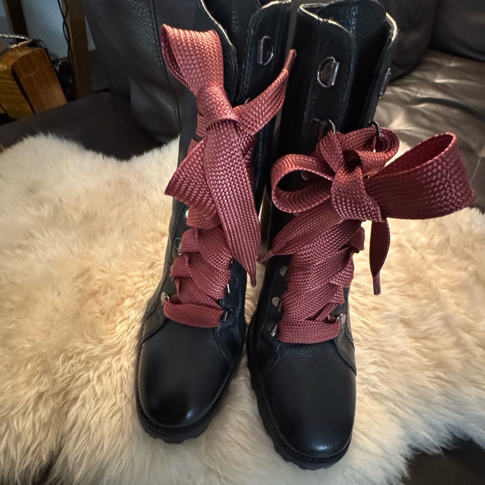 Schutz Black Leather Boots with Red Laces - Picture 10 of 12